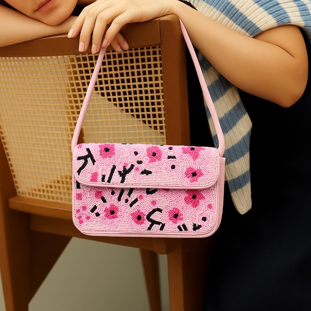 Indian Shelf Handmade Pink Beaded Shoulder Bag with Floral Embroidery Stylish Women Purse (with Box) - Image 2