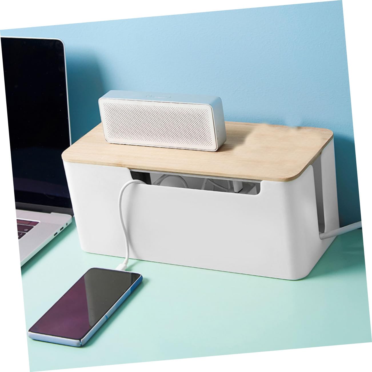 Caja de Cables Grande Tapa de Bambú para Enchufes y Cordones