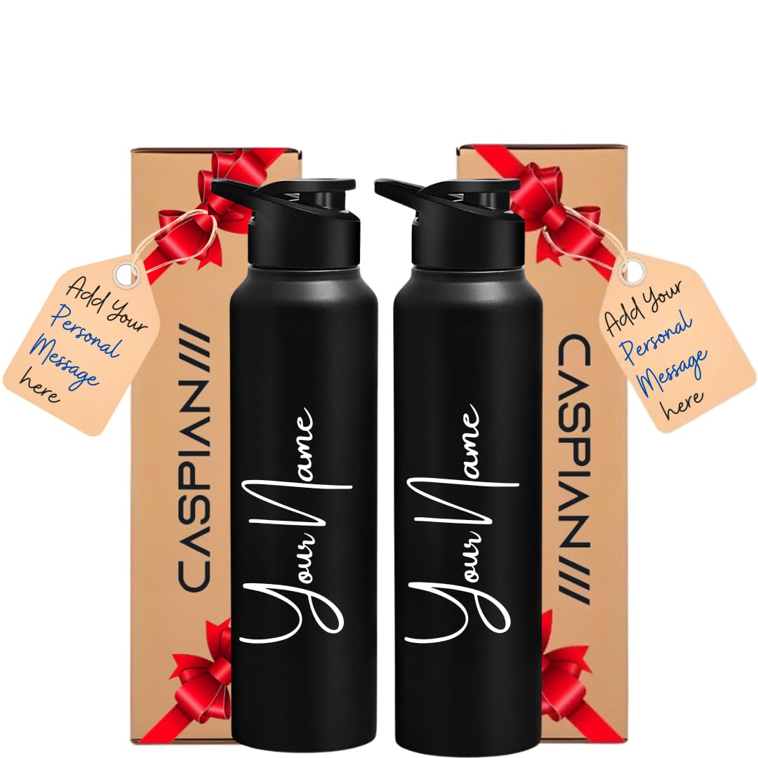 Caspian Hike Customised Stainless Steel Water Bottle 1L, Combo Black with Logo Print - Personalised Water Bottle with Your Name Print for School Office Gym- Perfect for Corporate Gifting (Set of 2)