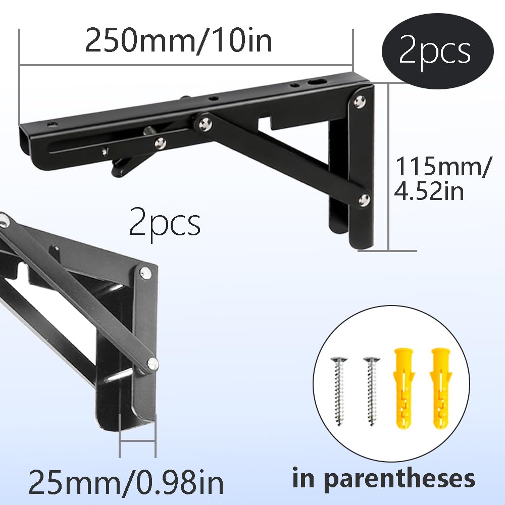 Hocansen 2Pcs Metal Foldable Brackets L Shelf Collapsible Brackets Black Wall Mounted Shelf Bracket Max Load 132 lb Collapsible Shelf Bracket for Table Bookcase (ZDJ/Black 250mm) - Image 2