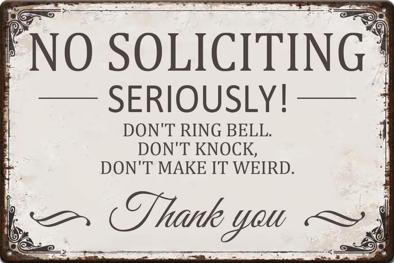SMAZDFXX No Soliciting Sign Please DoRing Bell or Knock Vintage Metal Tin Sign Wall Decor for House Office Front Door Porch Yard Decorative Poster 12"x16"