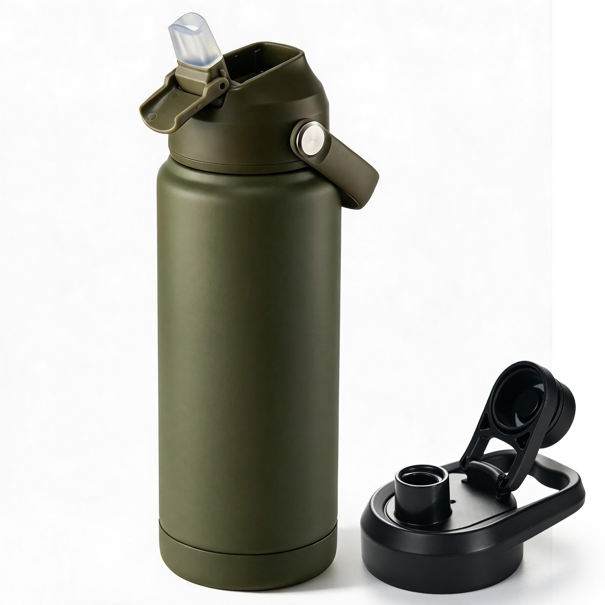 Fijinhom 24 oz Insulated Water Bottle with 2 Lids, Stainless Steel Water Bottles, Double Wall Vacuum, Portable Handle &amp; Non-slip Bottom, BPA Free Leak Proof Metal Bottles, Keep Cold 24H, Green