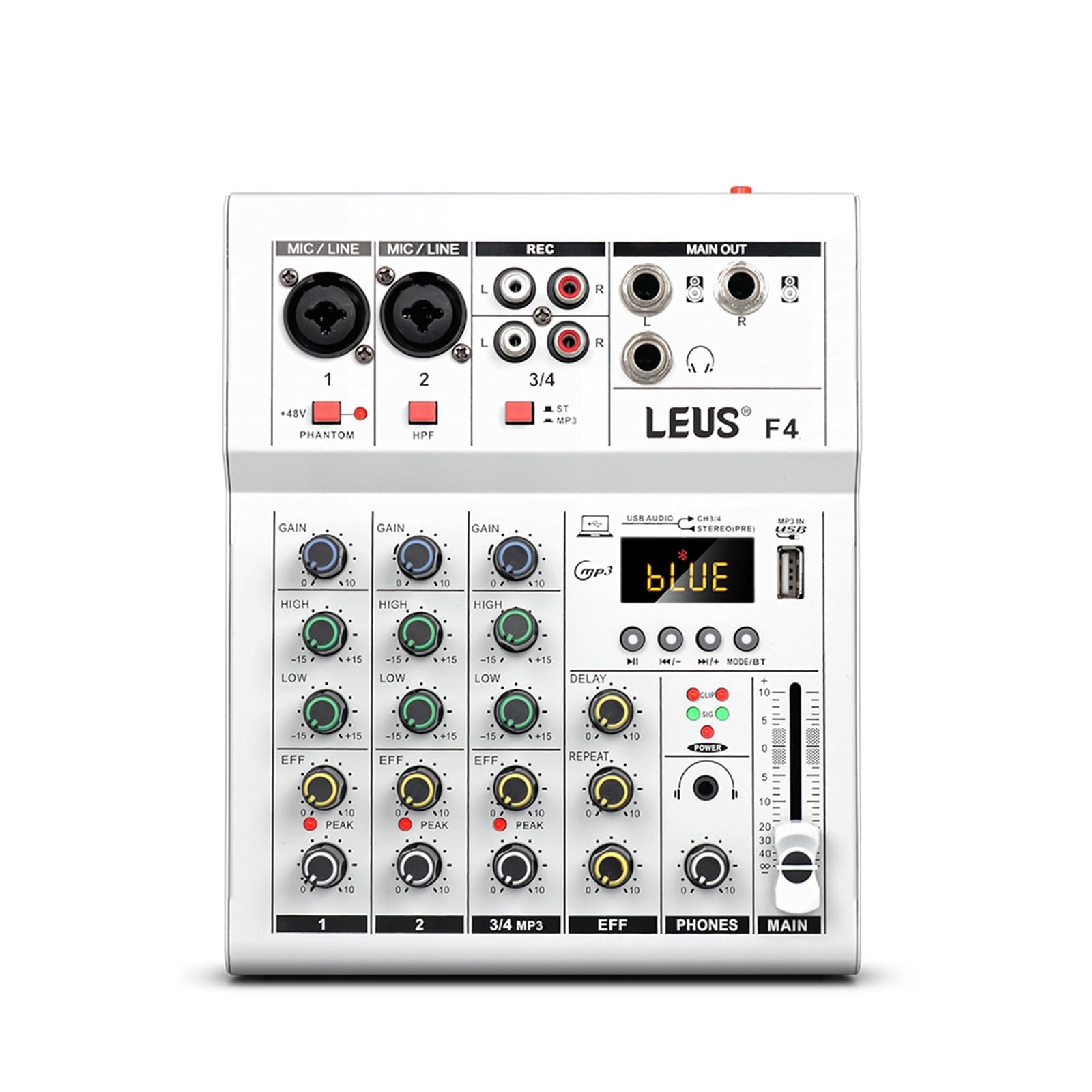 Mixer DJ, F4 Mixing Console Interfaccia Bluetooth USB Registrazione PC 48V Phantom Power Ritardo Ripetizione Effetto 4 Canali DJ Sound Mixer(White)