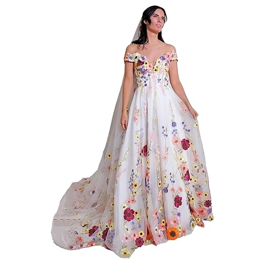 Women's 3D Flower Wedding Dresses A Line Beach Bridal Gowns Tulle Prom Dress with Train