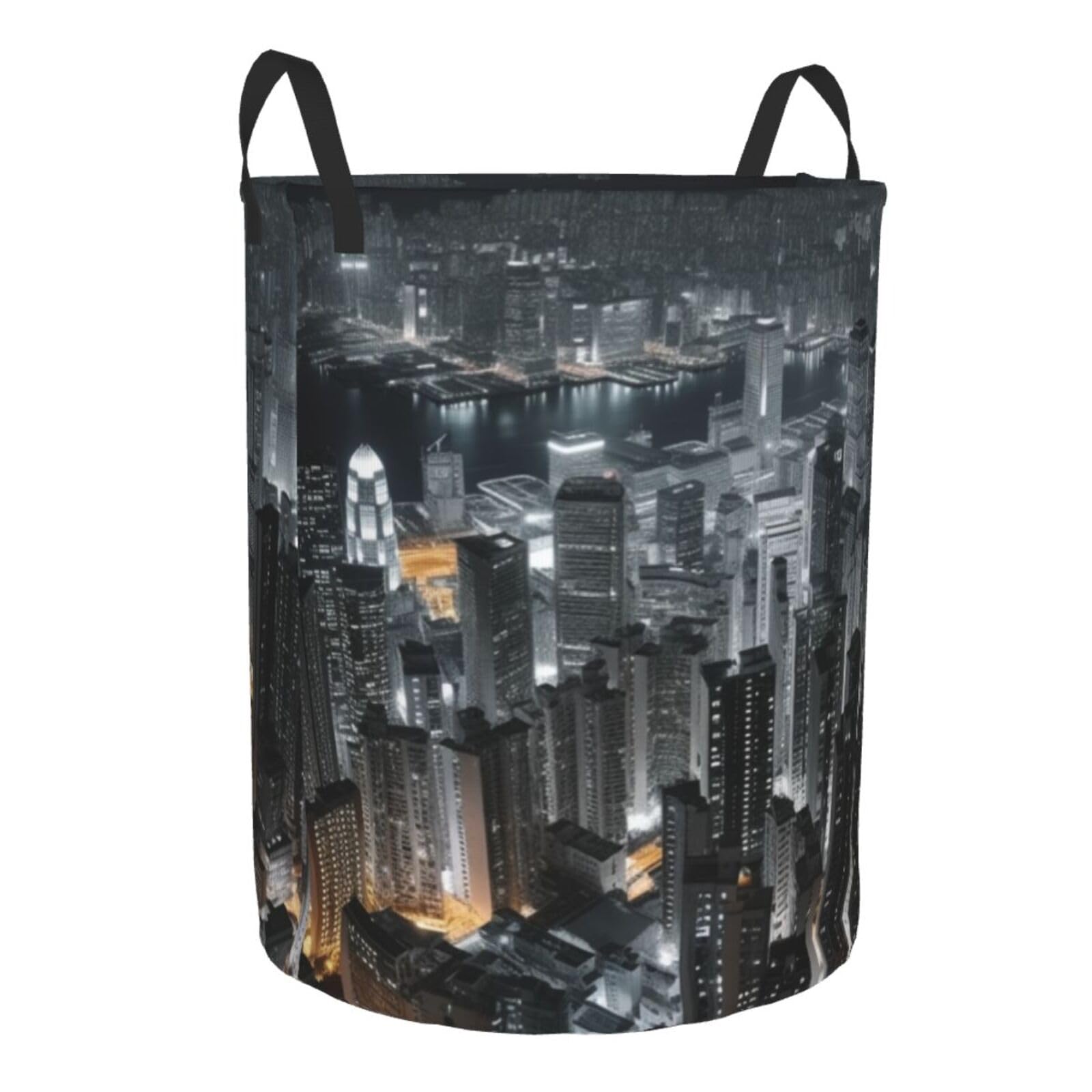 Aerial Night of View Hong Kong print Circular Hamper Waterproof Storage Bin Organizer Basket Laundry Hamper With Handles For Clothes Toys Medium