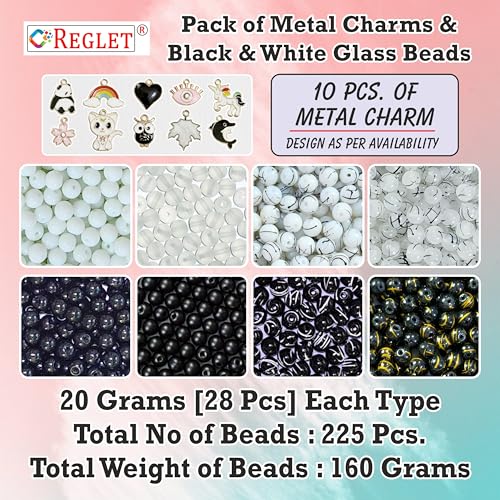 Image of 10 Pcs Charms + 225 Pcs Black & White Glass Beads for Jewellery Making Kit - Glass Beads for Bracelet Making Kit - Bead for Craft (8mm, 160g)