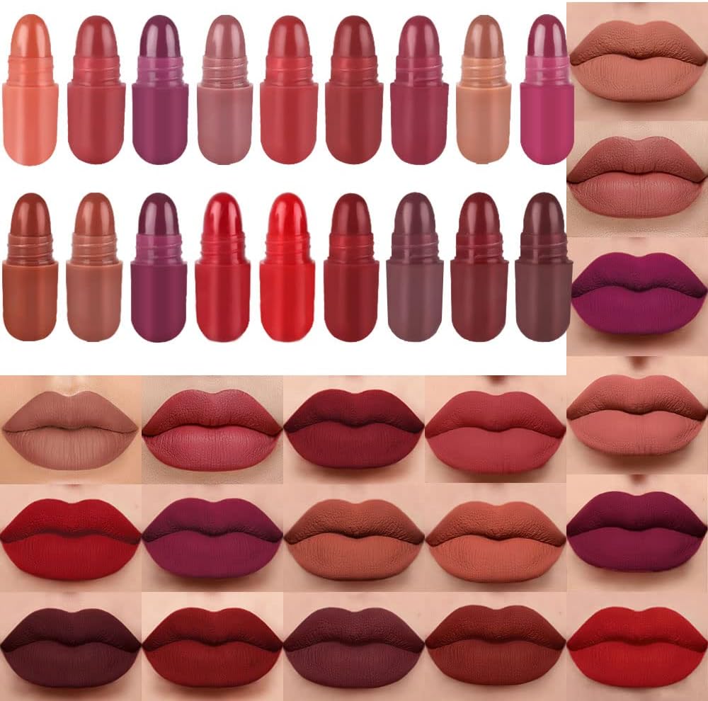 18Pcs Mini Pills Lipstick Capsule Set for Women Waterproof Long Lasting, Deep Red Matte Small Magic Permanent 24 Hour Lipstick Bulk Samples Sampler labiales mate 24 horas originales 01