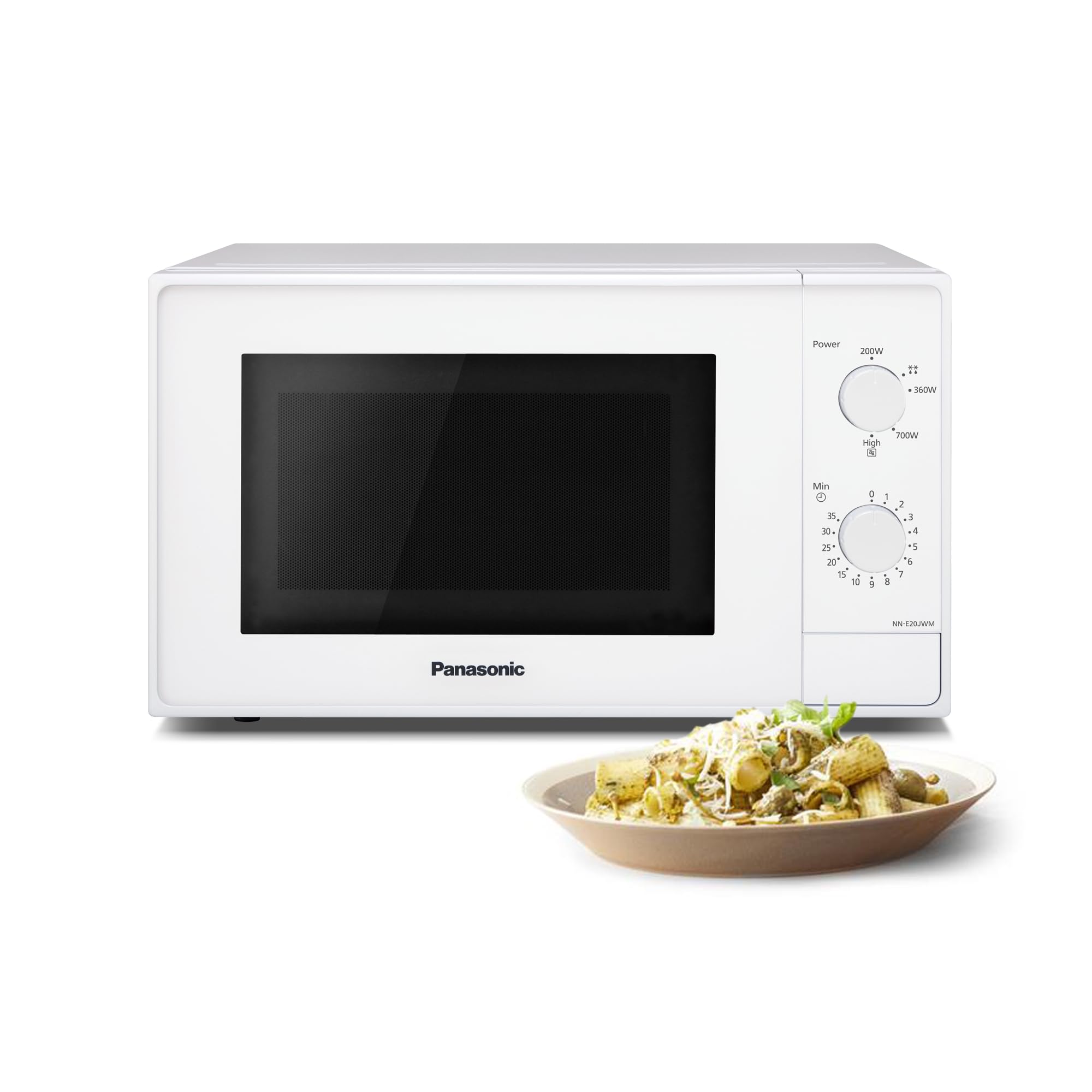 Panasonic NN-E20JWMEPG Microondas con Plato Giratorio de Vidrio, 20L, 800W, Ajuste De Descongelación, 5 Niveles De Potencia, Temporizador, Blanco