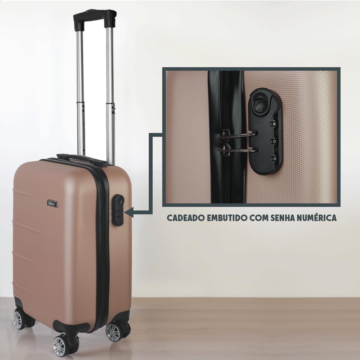 Kit Mala de Bordo Silent Ipanema + Frasqueira - Padrão ANAC | Rígida em ABS | 4 Rodas Duplas 360° | Cadeado Numérico Integrado | Leve e Resistente (Champagne)