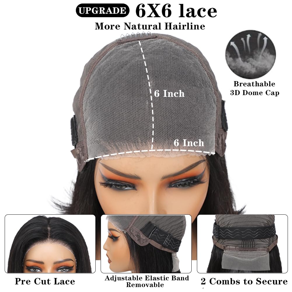 6x6 Bob Wig Human Hair Glueless Wigs Human Hair Pre Plucked Pre Cut HD Lace Closure Wigs Human Hair 200% Density Short Straight Bob Wigs for Women 12 inch