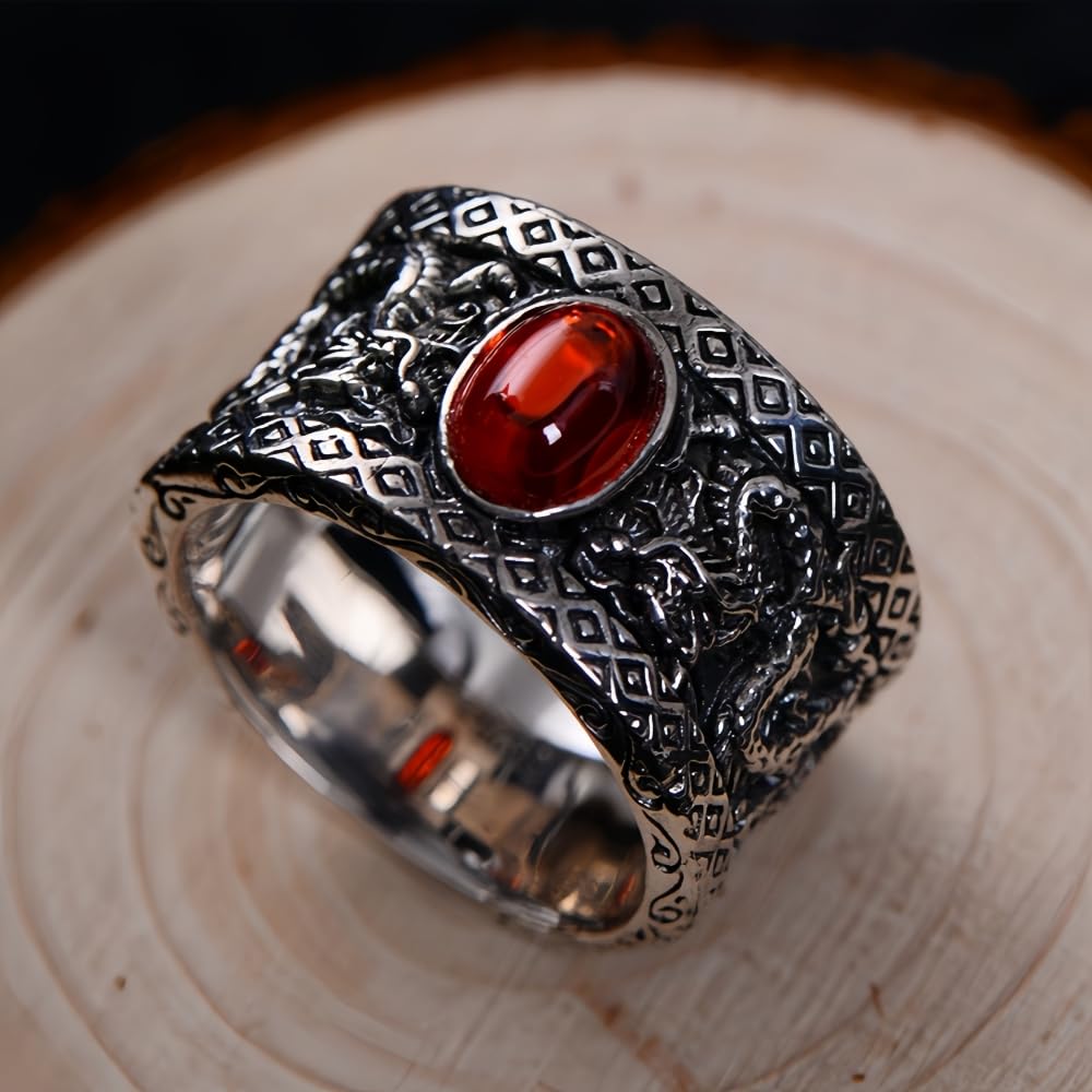ForFox Anello Doppio Drago Cinese in Argento Sterling 925 Nero con Pietra per Uomo Donna
