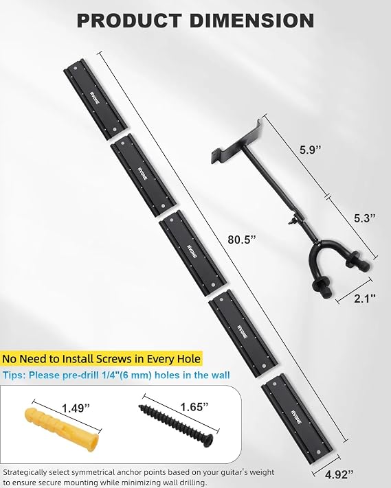 RVONE Guitar Wall Mount Hagers for Multiple Guitars, Adjustable Rubber Cradles Guitar Wall Rack, Fixed Clips, Strong Aluminum Acoustic & Electric Guitars Rack, Bass Holder, Violin Ukulele Organizer