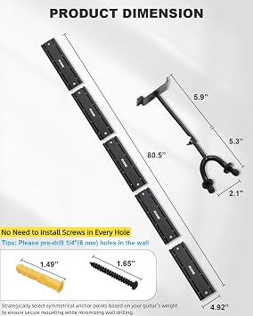 RVONE Guitar Wall Mount Hagers for Multiple Guitars, Adjustable Rubber Cradles Guitar Wall Rack, Fixed Clips, Strong Aluminum Acoustic & Electric Guitars Rack, Bass Holder, Violin Ukulele Organizer