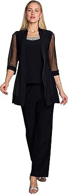 Long Mother of The Bride Formal Pant Suit| Jacket with Shear, 3/4 Length Sleeves, Elegant Slacks