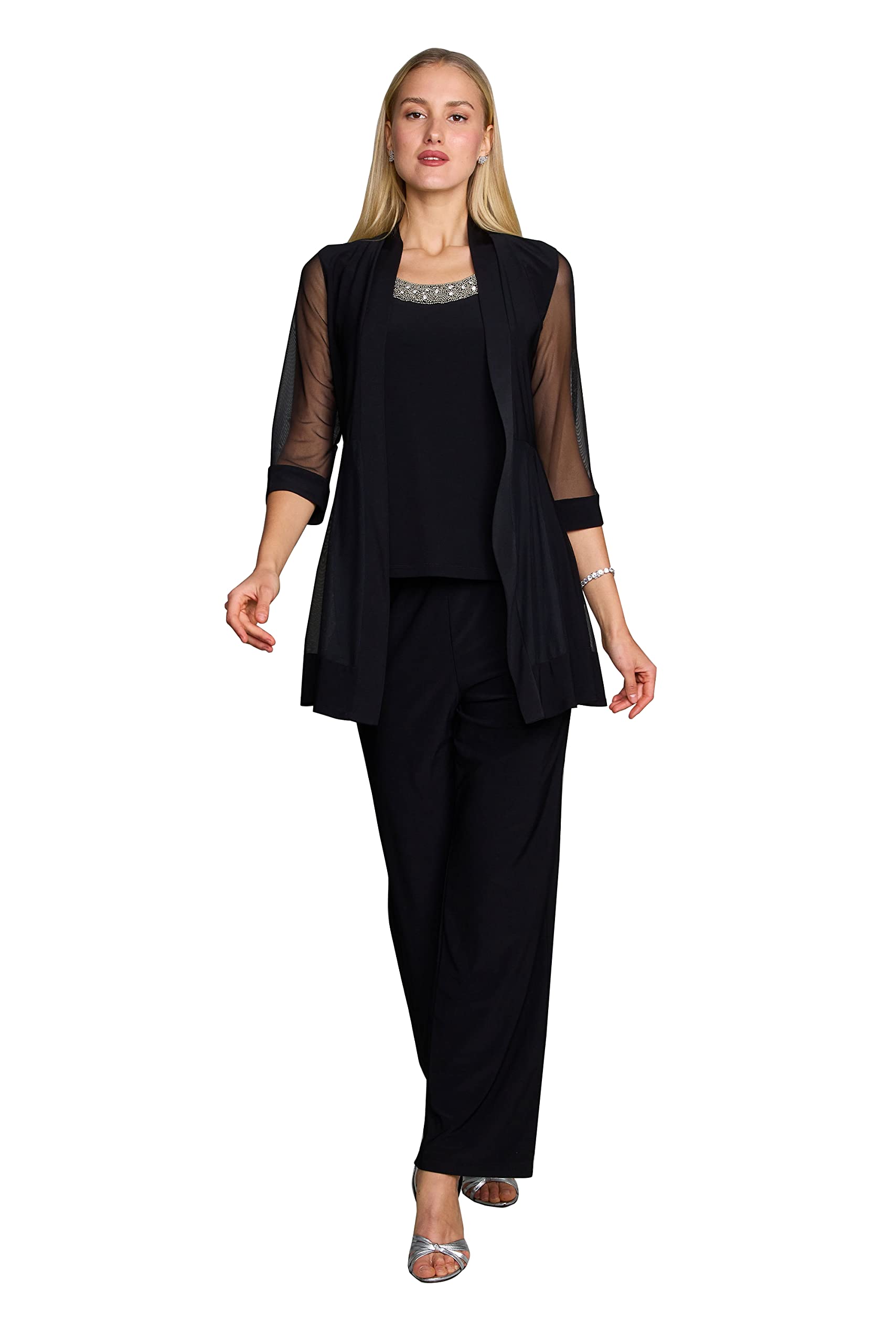 Long Mother of The Bride Formal Pant Suit| Jacket with Shear, 3/4 Length Sleeves, Elegant Slacks
