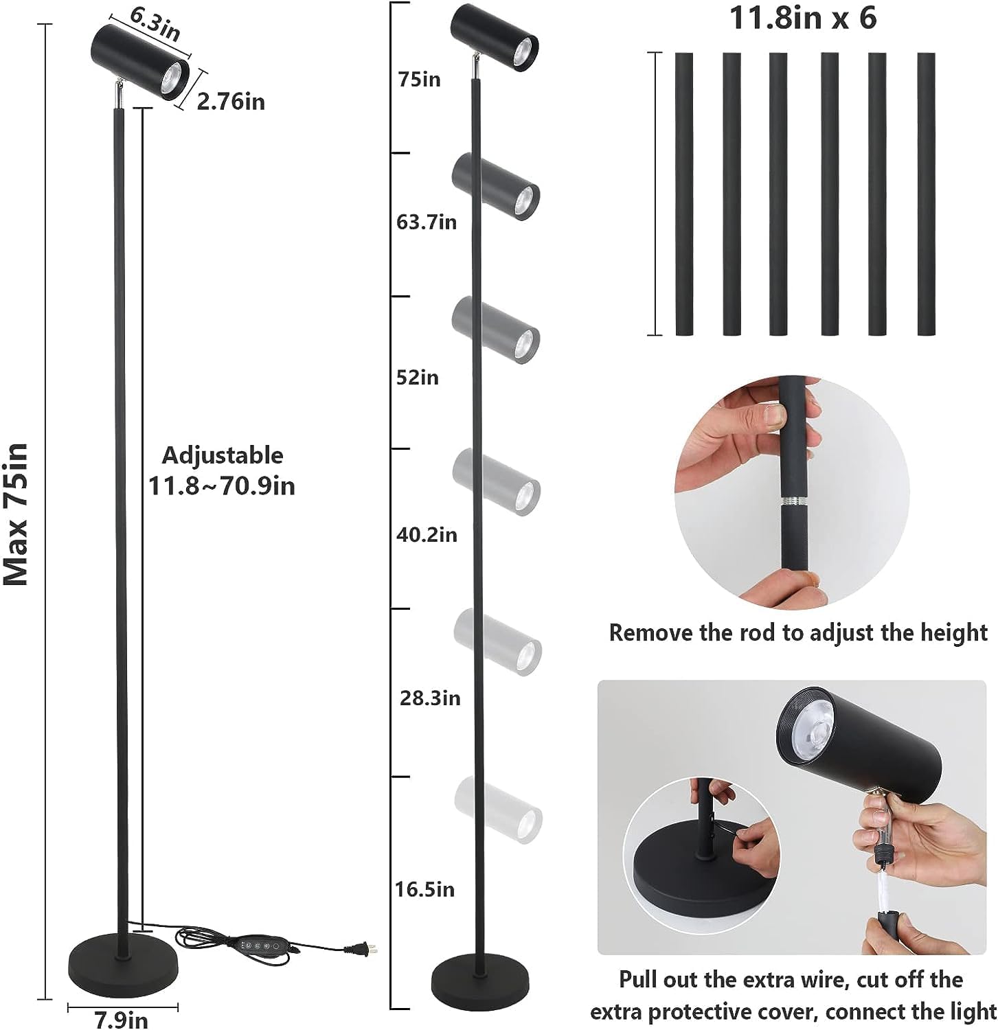 Standing Grow Lights for Indoor Plants Full Spectrum, Plant Grow Lights Indoor with Timer, 360° Floor LED Grow Lamp, Tall Plant Light with Adjustable Height, 4/8/12H Timer (Black)