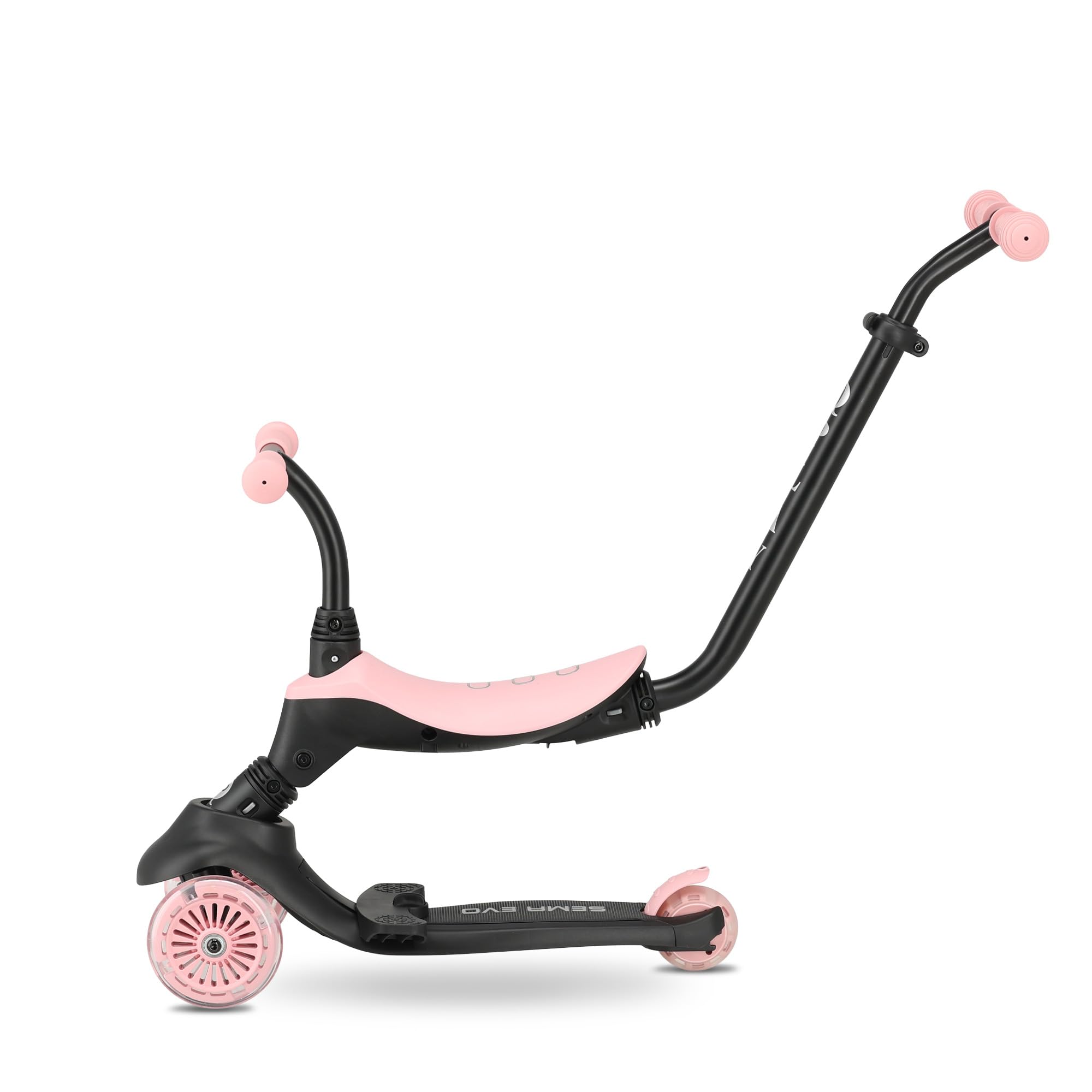 QPLAY Sema EVO Trottinette 6 en 1 avec siège, poignée de poussée, lumières LED sur roues et plateforme avec dynamo, de 1 à 6 ans, charge maximale de 50 kg, pliable