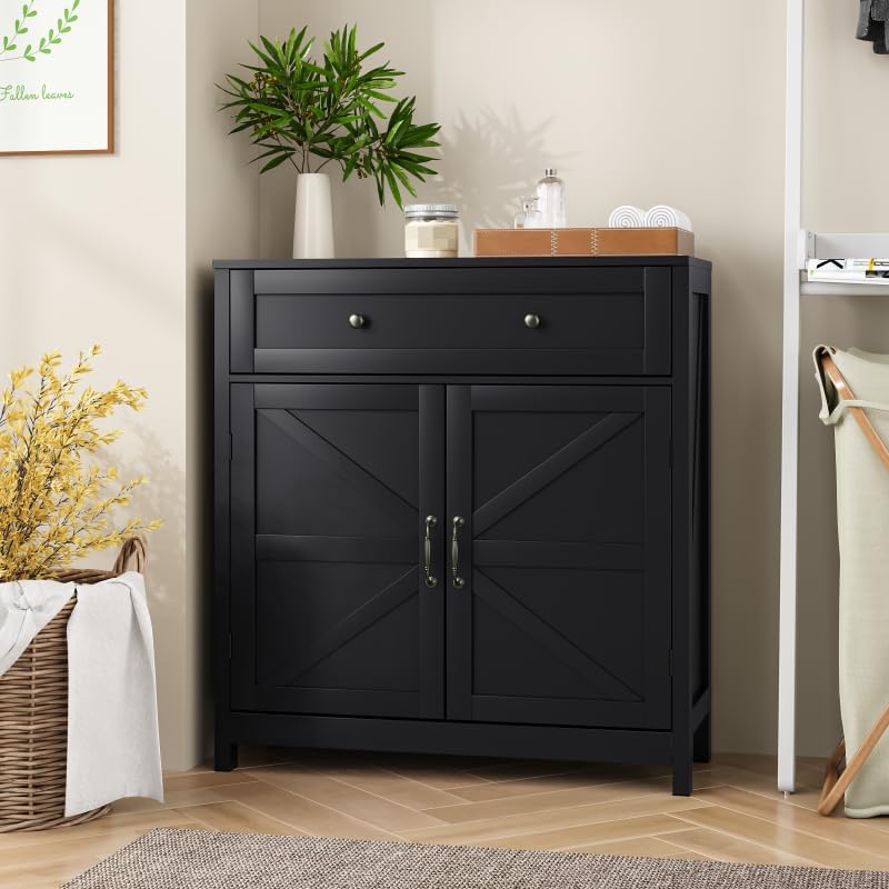 Modern Farmhouse Sideboard Buffet Cabinet with Storage with 2 Doors,Barn Doors Buffet Cabinet with Walnut Countertop,Wood Coffee Bar Cabinets with Adjustable Shelf for Kitchen Living Room,Black