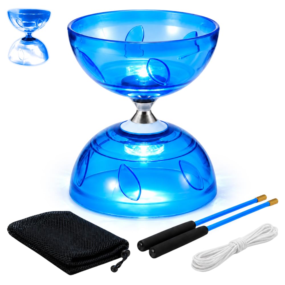 SGZIOO LED Triple Bearing Diabolo Set, Diablo Toy, Juggling Set with 10m Spare String, 2 Professional Sticks, Net Bag, Free Spinning Ball Bearing, Circus Toy for Adult, Beginner, Professional (Blue)