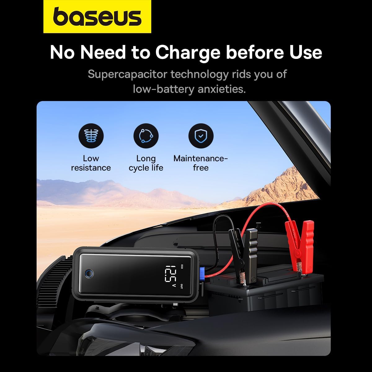 Baseus Super Capacitor Car Jump Starter connected to a car battery with clamps, showing 'No Need to Charge before Use' feature.
