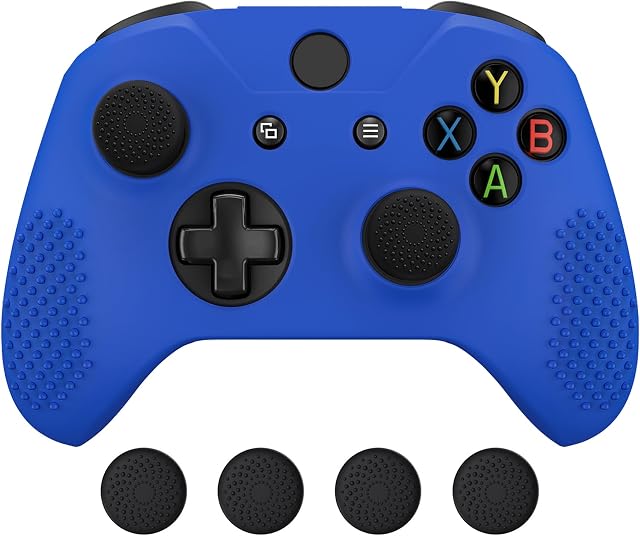 eXtremeRate Soft Anti-Slip Dark Blue Silicone Controller Cover Skins and Black Thumb Grips Caps Protective Case for Xbox One X S Controller - Controller Without