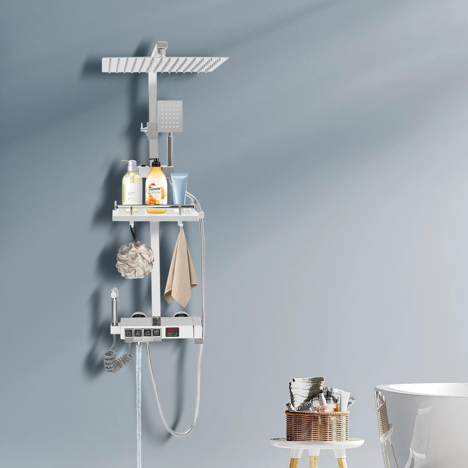 Thermostat Duschset mit 4 Auslässen, LED‑Digitalanzeige, 304‑Edelstahl Duschsystem mit Regenduschkopf, Handbrause & Wasserpistole, höhenverstellbar, Temperatur‑Echtzeitanzeige für Badezimmer