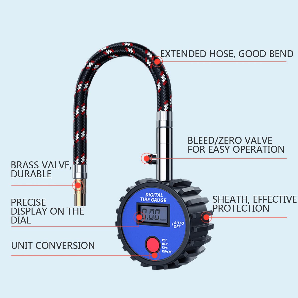 Medidor de presión de neumáticos 160PSI, probador de presión de neumáticos de Coche, Manguera de Alta Resistencia para Motocicleta, Coche y camión