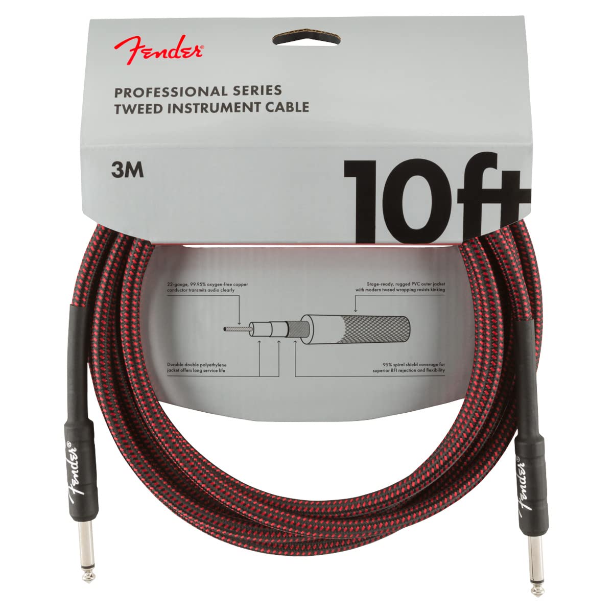 Fender Professional Series Tweed Instrument Cable, Guitar Cable, Guitar Accessories, Straight/Straight, Red, 10ft
