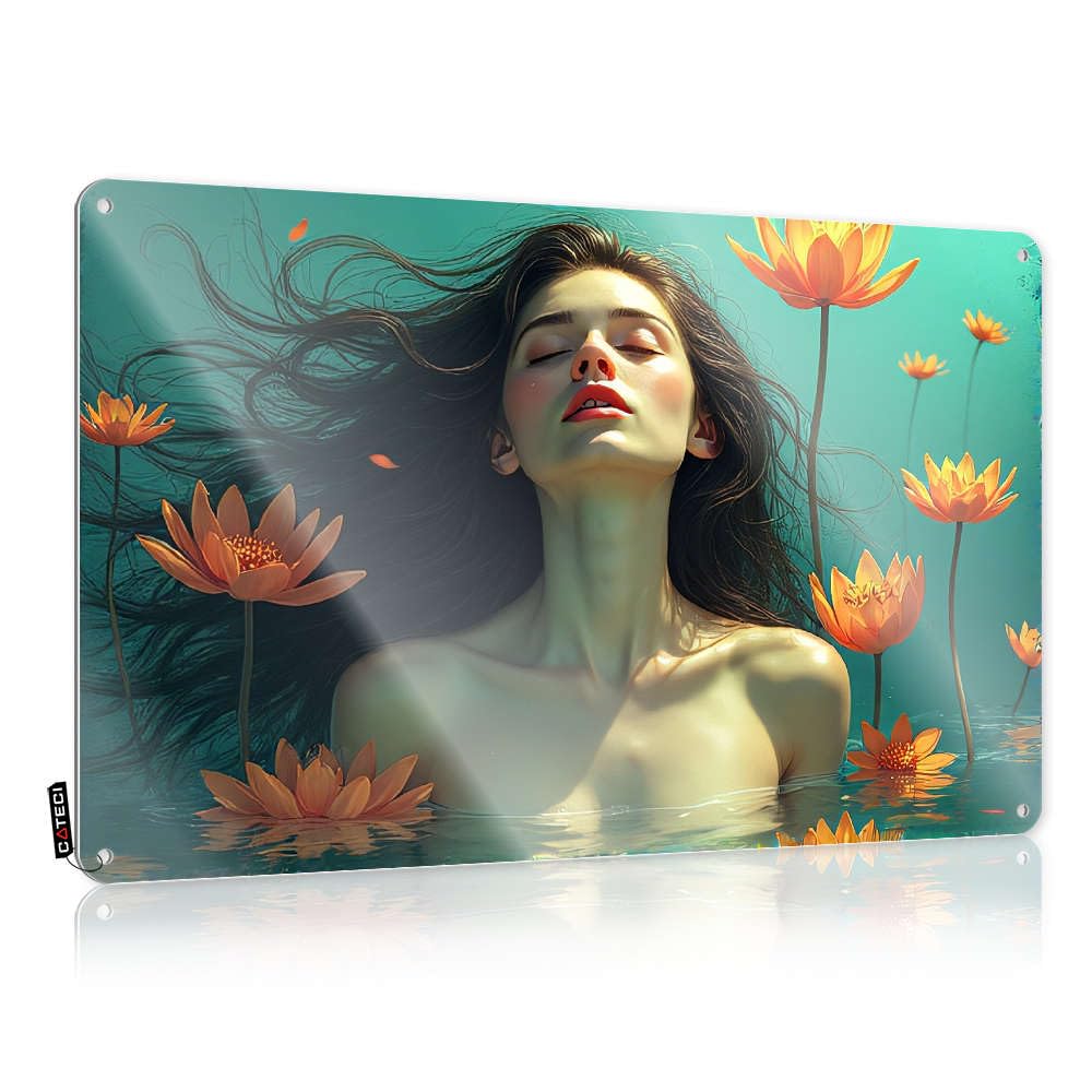 Poster Must Haves Indie A Serene Figure Floats Amidst Vibrant Orange Lotus Flowers In Tranquil Water. For Club - Metal Customizable(30X40CM)