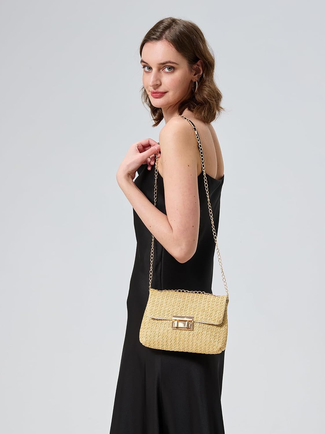 Woven Straw Purse Summer Clutch, Gold Chain, Flap with Turn-Lock Closure