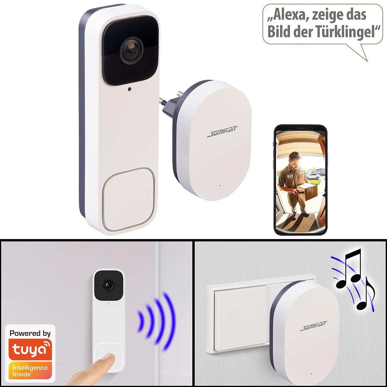 Somikon Klingel mit Kamera: Kabellose WLAN-2K-Video-Türklingel, 170°, KI-Paket-Erkennung, PIR, App (Türklingel mit Kamera, Sprechanlage, SD)