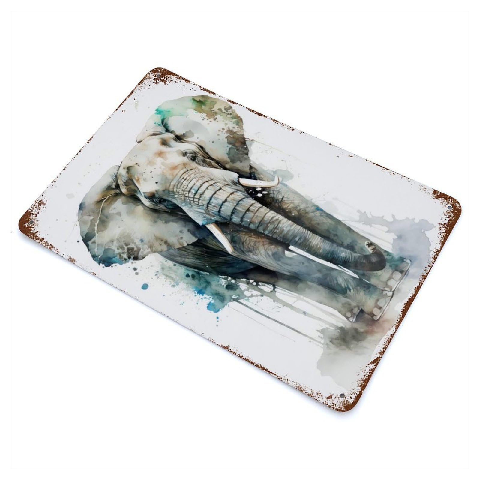 Aged Metal Wall Plaque with Elephant Watercolor Design 11.8"x7.9", for Basement, Hobby Room And Garage Decor, Farmhouse Wall Decor