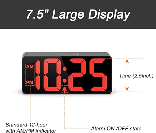 Miniatura 2 de Welgo Reloj despertador digital de gran tamaño de 7.5 pulgadas para personas mayores y con discapacidad visual, configuración simple, 0-100%