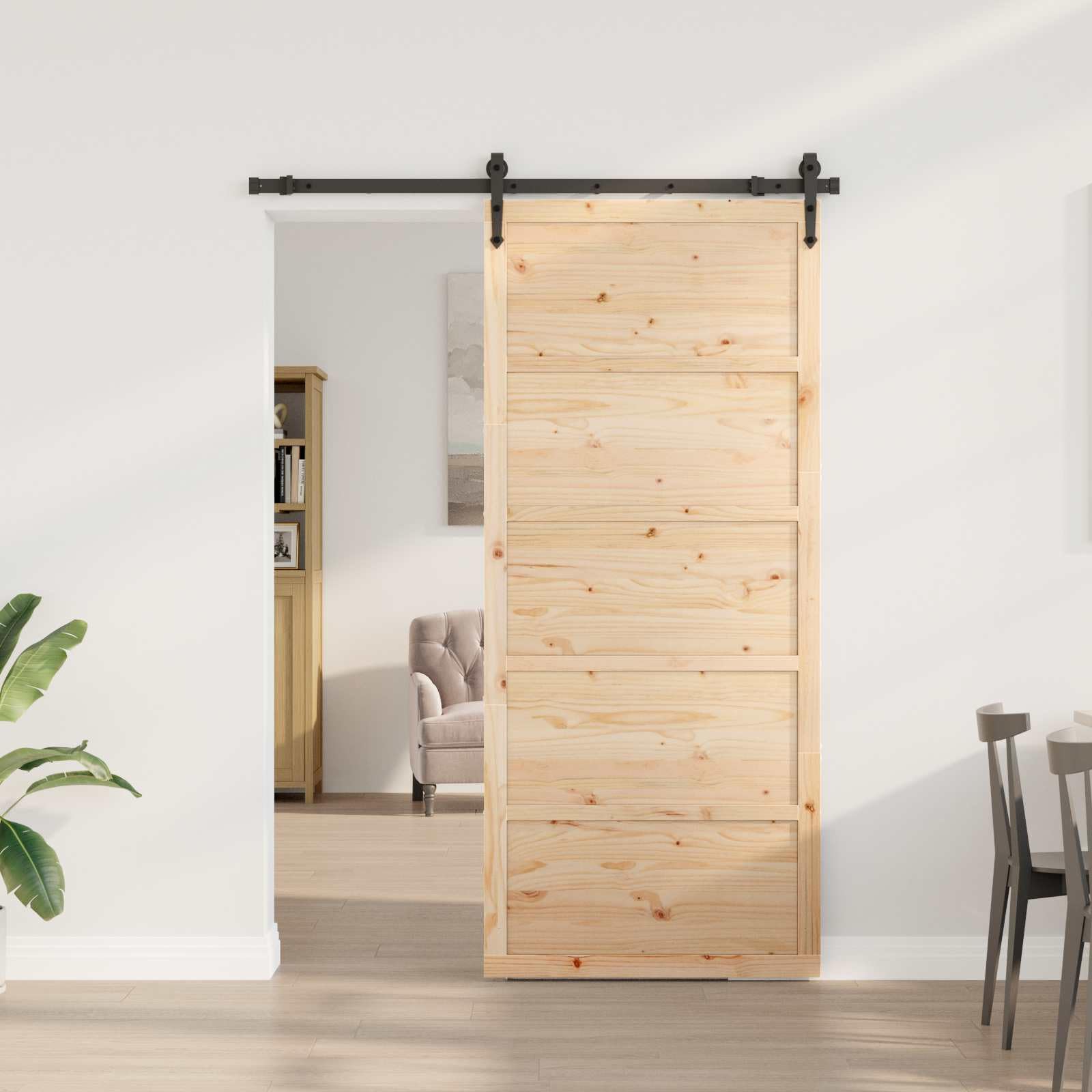 Porta scorrevole in legno di pino massiccio, 80 x 208 cm, porta scorrevole salvaspazio con sistema a binari, per interni