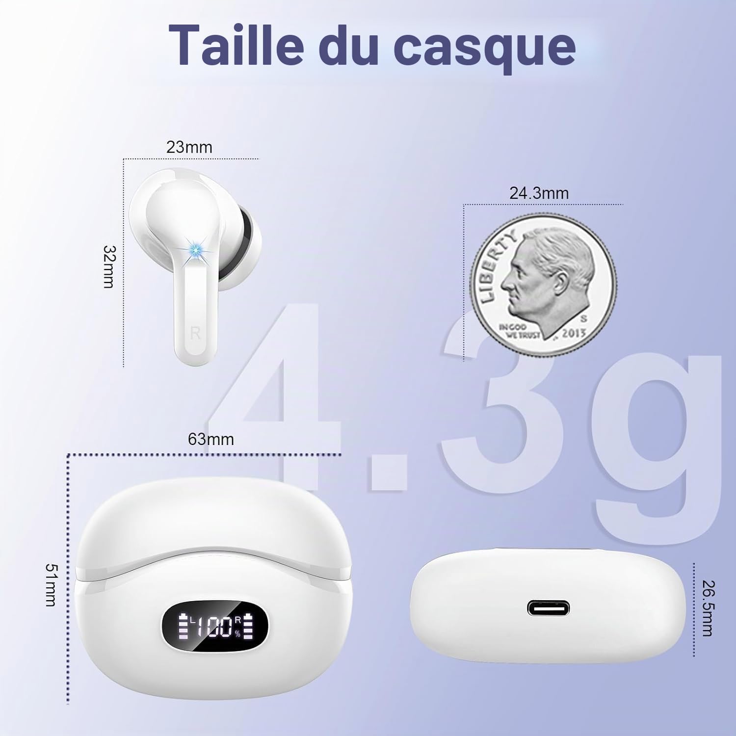 Écouteurs Bluetooth Sans Fil, 2026 Casque Bluetooth Micro Anti-Bruit, Ecouteur sans fil Stéréo Hi-Fi, 48H Oreillette Bluetooth Contrôle Tactile, Bluetooth 5.4, Étanche IP7 Sport Pour iOS/Android