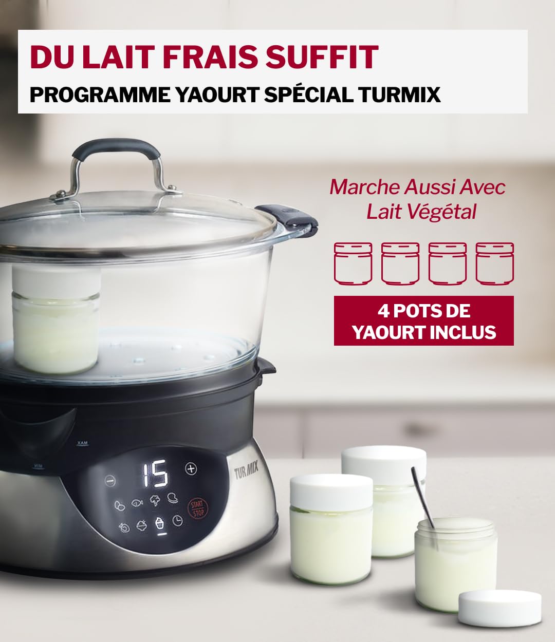 Turmix Steamer CX 220 – Cuiseur vapeur 5,2 L avec récipients en verre et écran numérique, commande tactile, fonction de maintien au chaud, démarrage différé, programme yaourt