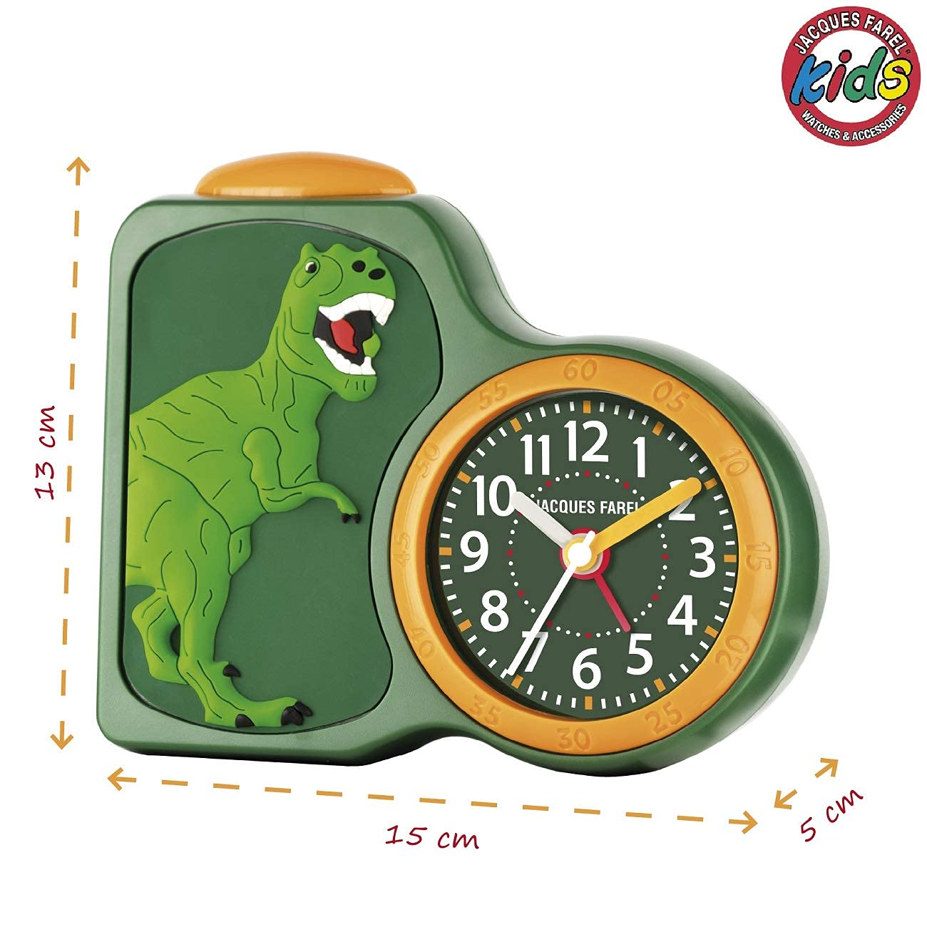 JACQUES FAREL Kinder-Wecker Jungen 3D Dinosaurier Grün Gelb Analog Quarz ohne Ticken mit Licht und Snooze ACB 06DINO