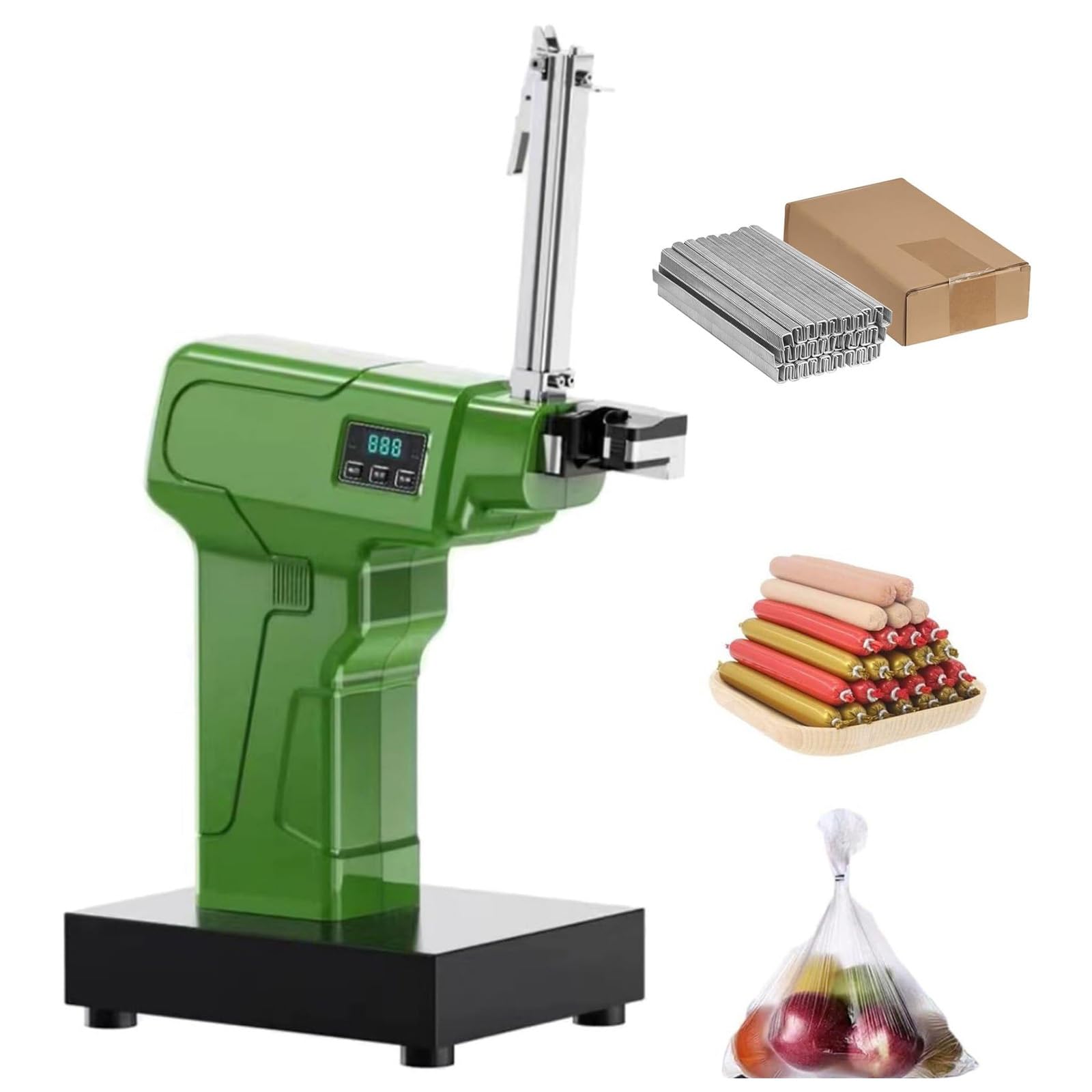 Máquina automática de atado de bolsas en forma de U, sellador de bolsas de plástico con 3000 grapas, cierre comercial de salchichas con panel de control para embalaje de alimentos y frutas