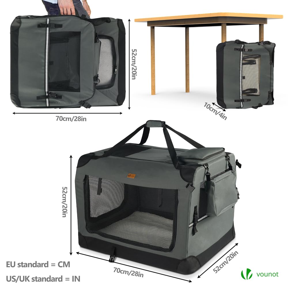 VOUNOT Opvouwbare draagtas voor honden en katten, transportbox, ademend, met afneembare pluche matras, handdraagbaar/schouderriem, ideaal voor huisdieren, L, grijs
