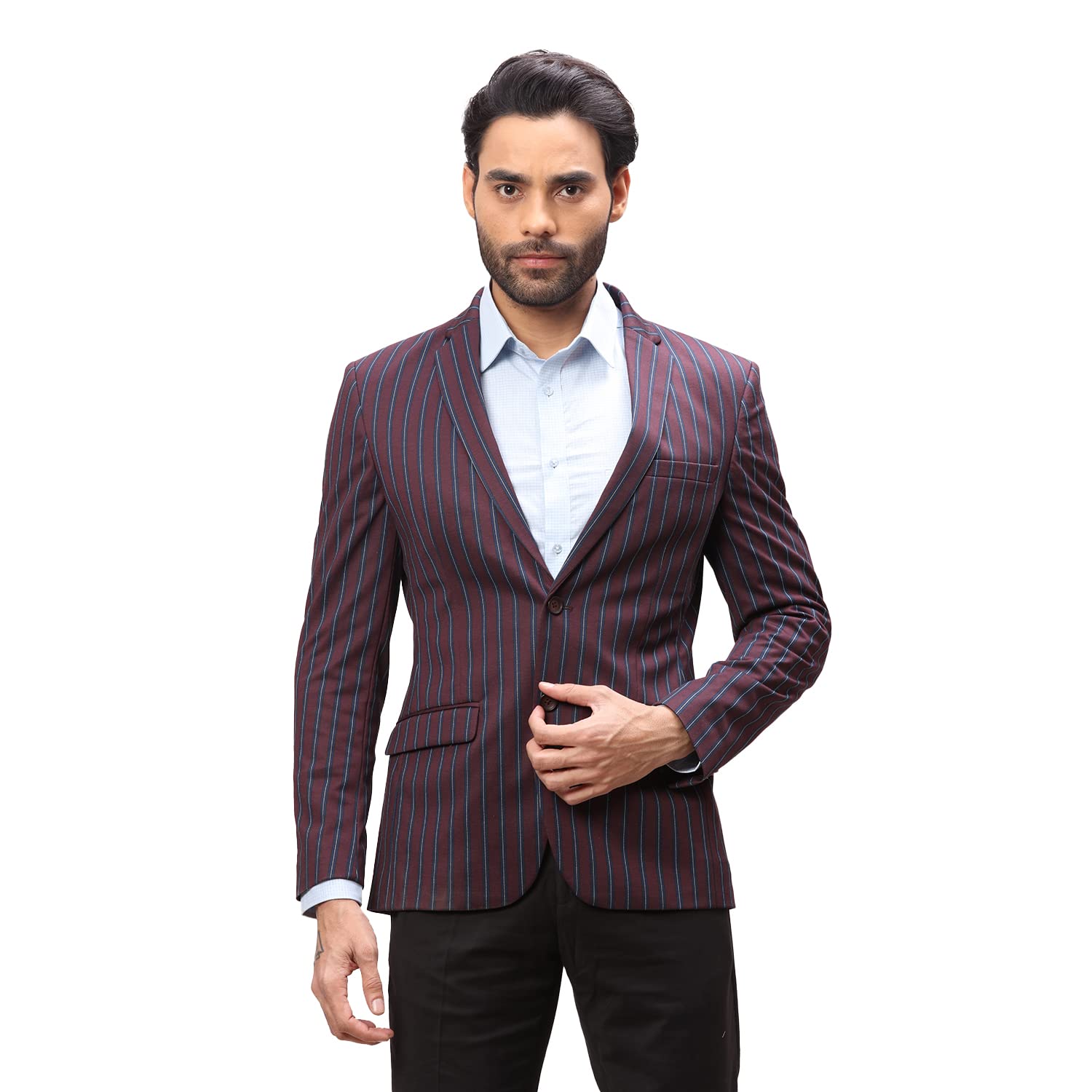 park avenue Men's Active Fit Rayon Blend Notch Lapel Stripe Pattern Full Sleeve Dark Maroon Formal Blazer-picture-24