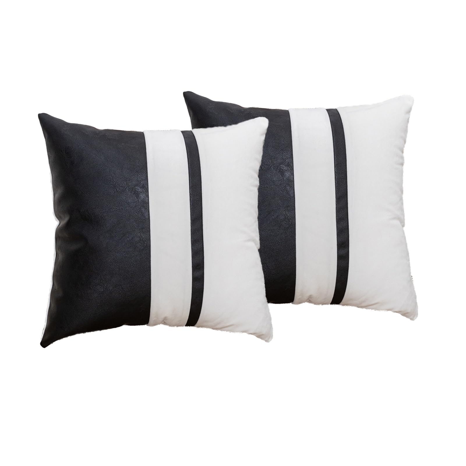 Vfuty Set of 2 Black and Cream White Decorative Throw Pillow Covers 18x18 Inch Faux Leather and Velvet Patchwork Pillow Cover,Modern Farmhouse Pillow