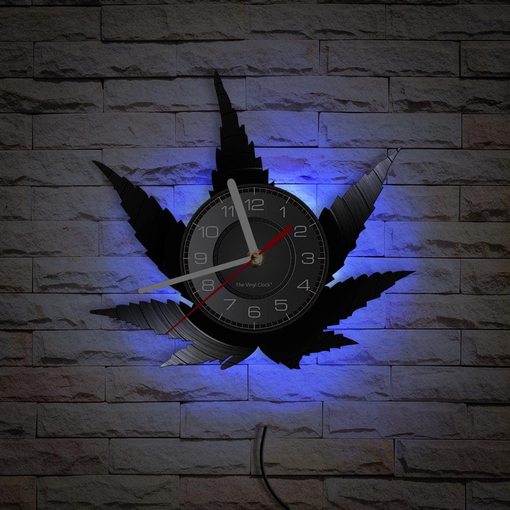 30 cm liść chwastów retro LED płyta winylowa zegar ścienny z 7 zmieniającymi się kolorami, cichy nietykający liść marihuany sylwetka zielona artystyczna ziołolecznictwo sztuka ścienna lampka