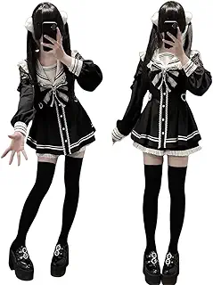 [EDREES] 地雷系 ワンピース 2点セット レディース セーラーカラー レース リボン 蝶結び ギャル チュチュ ガール系 量産型 ワンピース 長袖 森ガール ハイウエスト Aライン 可愛い ロリータファッション 学院風 お姫様 風 春 秋 冬