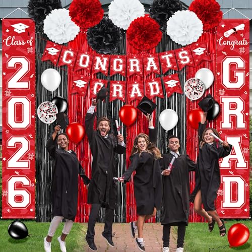 Image of Graduation Party Decorations Class of 2026, Graduation Decorations with Congrats Grad Banner Fringe Foil Curtain Paper Flower Ball Balloons for High School College Grad Party Supplies, Red