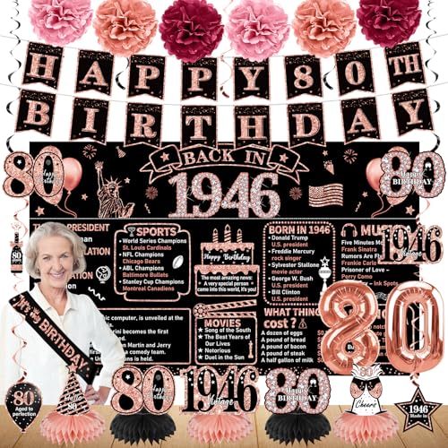 Zirtorei 80th Birthday Decorations for Women 21pcs the Year 1946 Banner Balloon Party Supplies Rose Gold 80 Year Old Birthday Backdrop 80 Bday Honeycomb Centerpiece Hanging Swirls Sash Gifts
