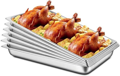 BriSunshine Stainless Steel Pans 2.5" Deep, 6 Packs Full Size Hotel Pans Steam Table Pans, 22 Gauge Commercial Catering Food Pans for Restaurant