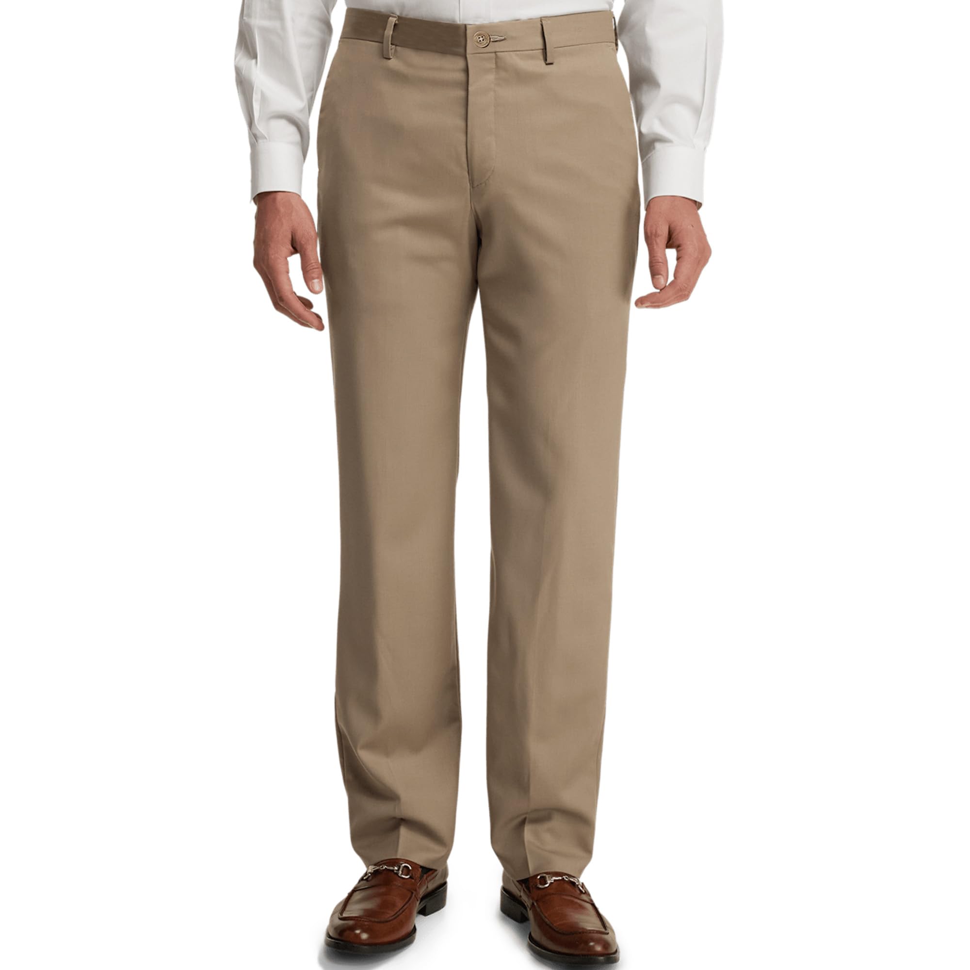 Mens Wrinkle-Resistant Dress Pants No-Iron Classic Fit Hidden Comfort Waistband Work to Weekend Trousers Khaki30W32L