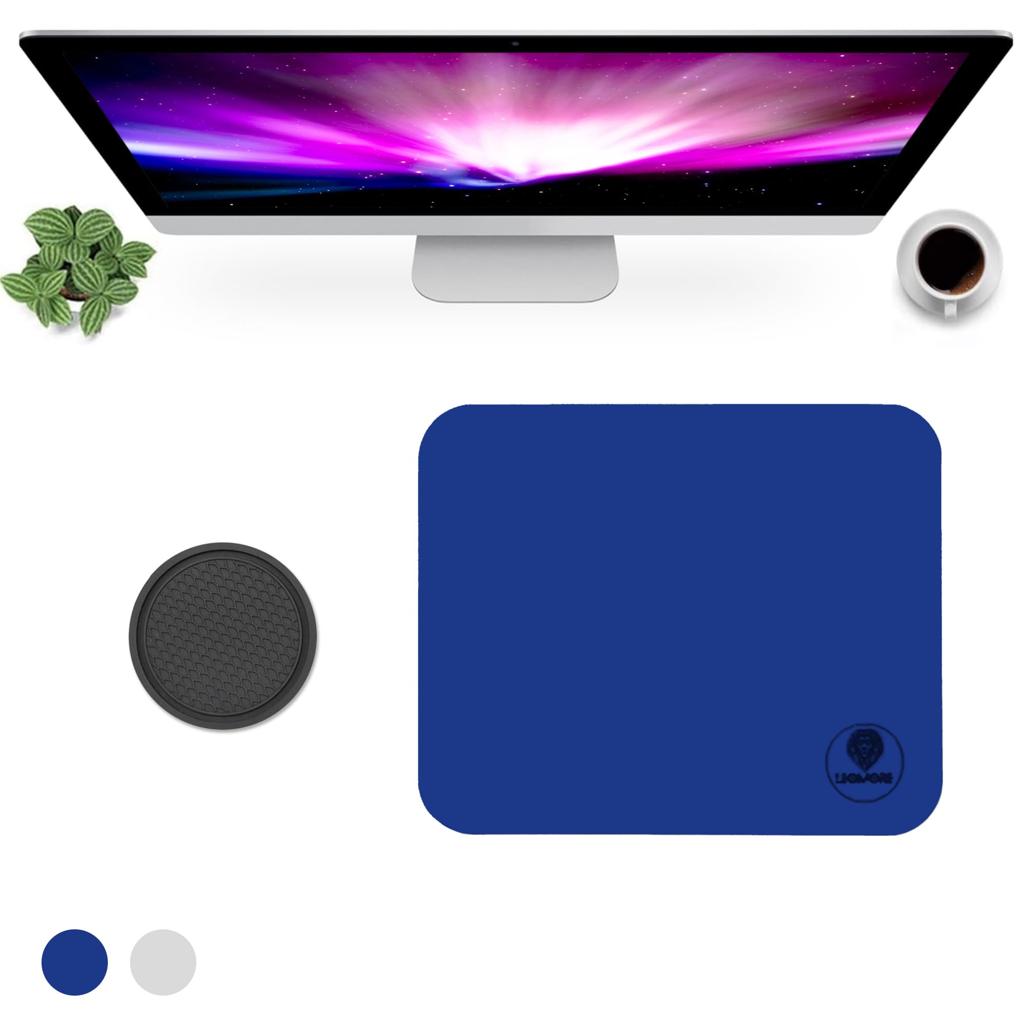 LeoMore Mouse Pad With Cup Coaster Bundle - Mousepad Rubber Waterproof & Non-Slip, With Stitches Perfect for Gaming & Office Desk Accessories Table Mat Setup (Blue, 24 X 20)