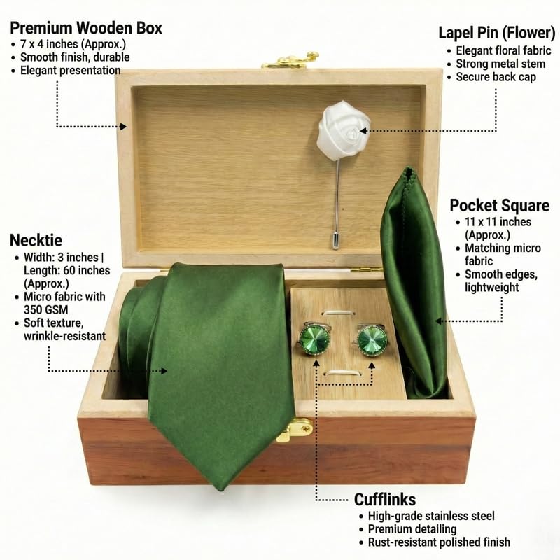 Image of Men's Necktie Gift Set with Wooden Box | Premium Tie, Pocket Square, Cufflinks & Lapel Pin | Elegant Formal Accessories Gift for Men