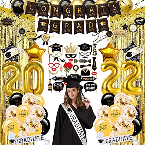 Marte&Joven Graduation Party Decorations 2022, Graduation Party Supplies for Graduation Accessories - Including Photo Booth Props, Hanging Swirl, Foil Fringe Curtain, Graduate Sash, Banner, Balloons